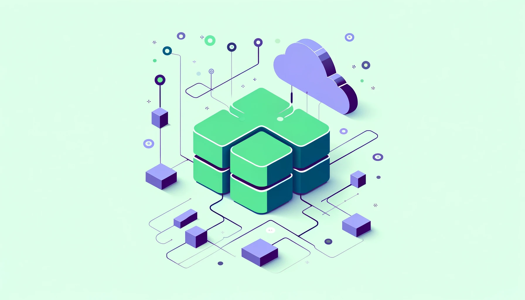 Minimalist flat design illustrating the integration of PostgreSQL database with a low-code platform. A large green square symbolizes the PostgreSQL, while smaller interconnected purple rectangles represent the low-code platform. Thin silver lines connect the two components, suggesting data exchange or integration.